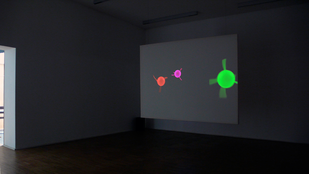 Art, artwork. A video installation entitled "Anything (Color Theory)" Nika Span / Nika Špan. Materials: A DVD (7 minutes, 53 seconds, looped), a DVD-player, a video projector, a canvas screen, a blower, a table tennis ball, and a timer. Exhibition: Tales About Perception, Maerz Gallery, Linz, Austria.